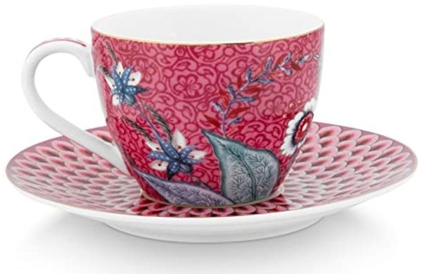 PiP Studio Espressotasse Flower Festival Espressot. m. Unt. dark pink 120ml, Porzellan, Espresso Cup & Saucer Flower Festival Dark Pink 120ml