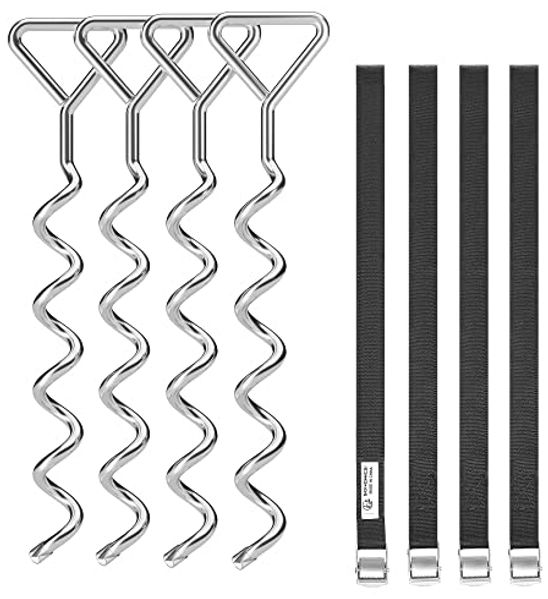 Songmics Bodenanker für Trampoline, Spiral-Bodenverankerung, Set aus Erdankern aus verzinktem Eisen und Polyester-Gurten mit Stahl-Schnallen, zur Befestigung am Boden