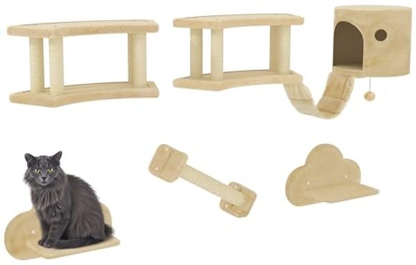 PawHut Katzen-Kletterwand mit Kratzstamm, Sprungplattformen, Leiter, Haus, Katzen-Wandgerüst, für Katzen bis 5 kg, Plüsch, Beige