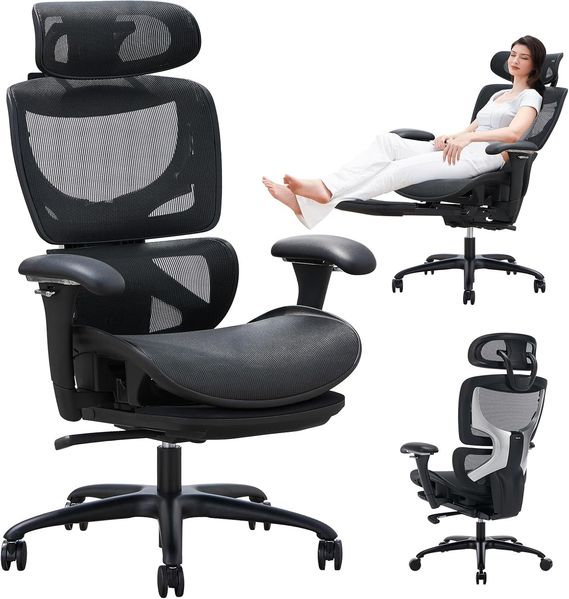 COLAMY Ergonomischer Bürostuhl mit Fußstütze – Chefsessel mit hoher Rückenlehne, Verstellbarer Kopfstütze & 3D-Armlehnen – Atmungsaktives Mesh, dynamische Lendenstütze, höhenverstellbar – Schwarz