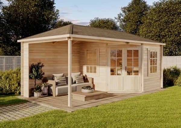 Alpholz 5-Eck Gartenhaus Mosel Gartenhaus aus Holz Holzhaus mit 40 mm Wandstärke inklusive Terrasse Blockbohlenhaus mit Montagematerial