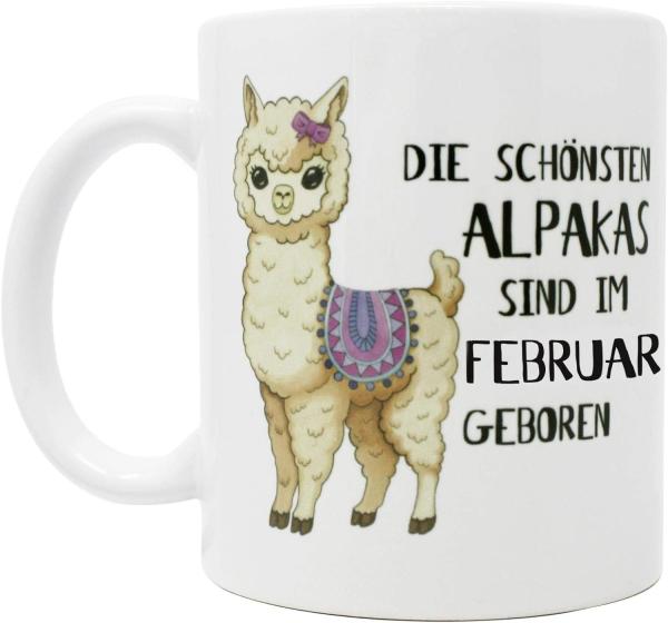 Alpaka Tasse Februar Die schönsten Alpakas sind. weiß, bedruckt, 100 % Keramik