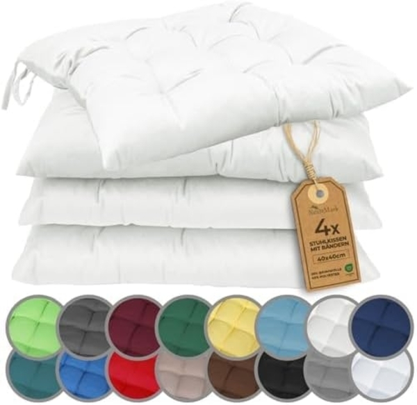 NatureMark 4er Set Stuhlkissen mit Bändern Gr. 40x40 cm Sitzkissen gefüllt, Natur/Crème