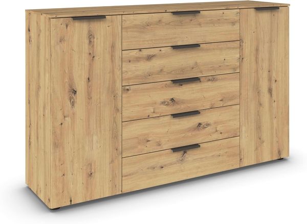 Rauch Möbel Flipp, Kombikommode, Kommode mit Stauraum für Wohnzimmer, Schlafzimmer, Flur, 4 Fachböden, Eiche Artisan, 2-türig, 5 Schubkästen, Griffe graphit, 160 x 100 x 42 cm