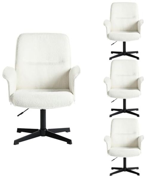 MEUBLE COSY Bürostuhl 4er Ergonomisch Schreibtischstuhl mit höhenverstellbar Armlehnen 360° Drehbar Schminkstuhl Sessel für Büro Wohnzimmer Schlafzimmer Vanity, Bouclé Frottier, Weiß