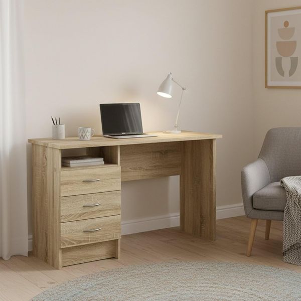 Dmora Linearer Schreibtisch mit drei Schubladen, Eichenfarbe, Maße 120 x 72 x 48 cm