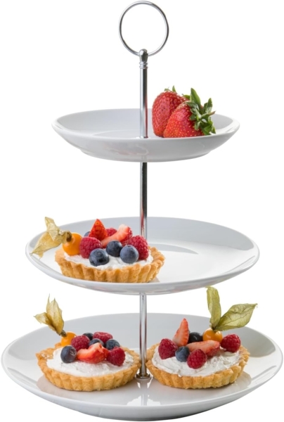 Home4You Etagere Servier-Ständer, Höhe 37 cm, 3 Etagen, weiß, Porzellan, (1-tlg), Ø 26 cm, für Obst, Süßigkeiten, Kuchen, Desserts
