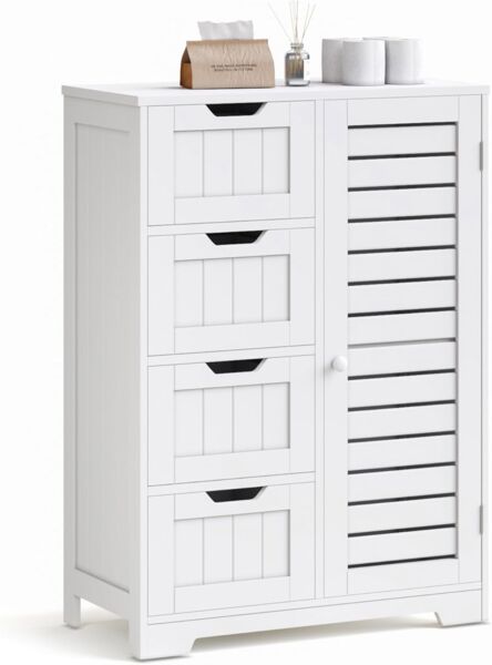 Mondeer Badkommode Badezimmerschrank (Moderne Shutter Design), mit 4 Schubladen 1 Tür,56 x 30 x 82,5cm, Weiß