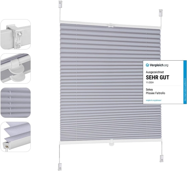 Sekey Plissee ohne Bohren Verdunkelung, Fenster Plissee Klemmfix Jalousie 70 cm breit, Verspannt Blickdicht Sonnenschutz Fensterollo, 70x200 cm, Blaugrau