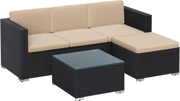 SONGMICS Gartenmöbel-Set mit Kissen und Glastisch, Polyrattan, Schwarz / Taupe