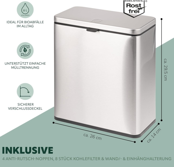 eluno Biomülleimer 6L mit Geruchsfilter, 3 Montagearten, Edelstahl Bild 7