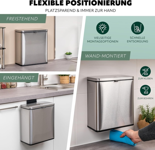 eluno Biomülleimer 6L mit Geruchsfilter, 3 Montagearten, Edelstahl Bild 4