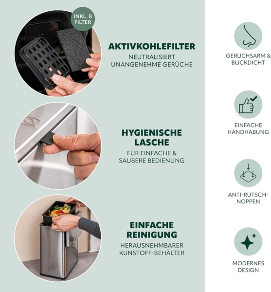 eluno Biomülleimer 6L mit Geruchsfilter, 3 Montagearten, Edelstahl Bild 5