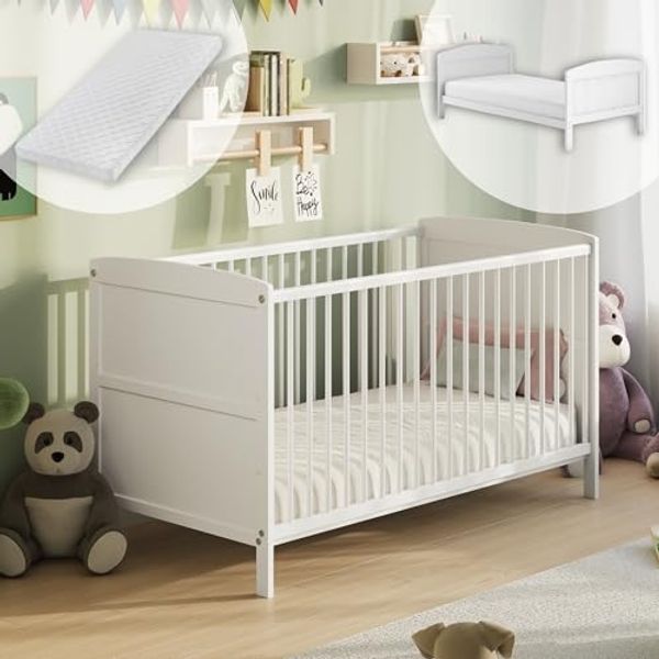 Kids Collective Babybett Kinderbett 60x120/70x140 cm umbaubar zu höhenverstellbares Lattenrost, 60x120 cm, Weiß mit Matratze von Geburt bis 3. Lebensjahr