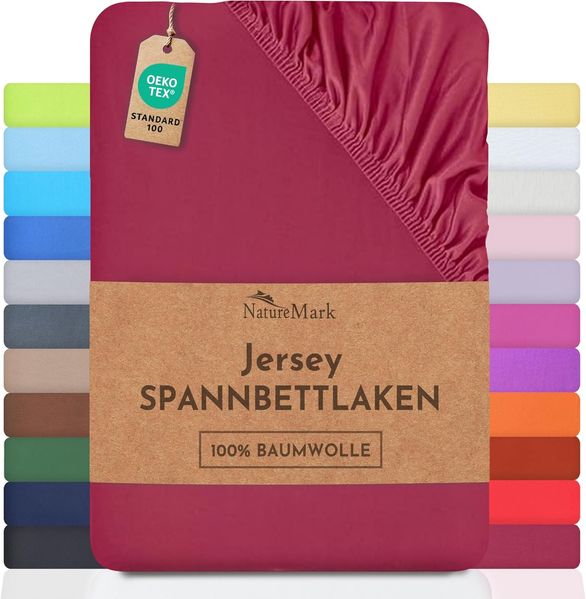 NatureMark Jersey Spannbettlaken, Spannbetttuch 100% Baumwolle in vielen Größen und Farben MARKENQUALITÄT ÖKOTEX Standard 100 | 180x200 cm - 200x200 cm - Bordeaux rot