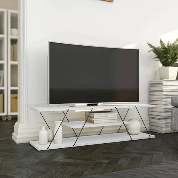 Dmora - Fernsehschrank Lysithea, Ständer für Wohnzimmerfernseher, Niedriges Wohnzimmer-Sideboard, TV-Ständerbasis, 120x30h33 cm, Weiß und Schwarz