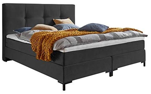 Atlantic Home Collection Romy Boxspringbett mit klassischen Kopfteil, Taschenfederkernmatratze, Härtegrad 3, inklusive Topper, Anthrazit, 160x200 cm