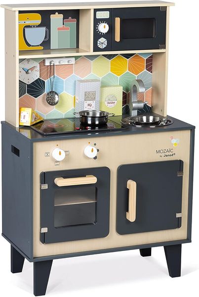 Janod - Mozaïc Big Cooker - Spielküche für Kinder - Kinderküche mit Sound und Licht - Holzküche mit 3 Zubehörteilen + 3 Lebensmittelkartons - Ab 3 Jahren