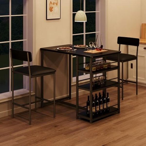 Bartisch mit Barhocker Set, Barhocker 3er Set für 2 Personen mit 1 Tisch + 2 Gepolsterte Stühle, Rückenlehne - Küchentisch mit 3 Ablagen, Esstisch für Wohnzimmer, Esszimmer und Küche, Schwarz