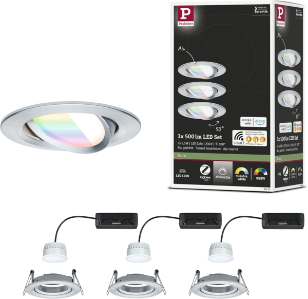 Paulmann 92435 LED Einbauleuchte Nova Coin 3er-Set Zigbee RGBW Alu gedreht