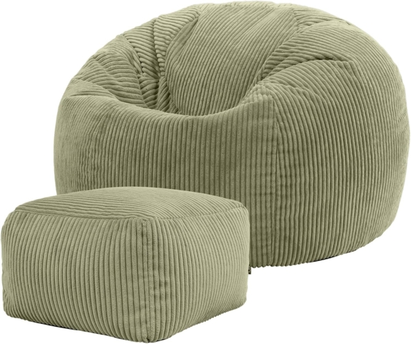 Icon Kingston Sitzsack mit Hocker Cord, Salbeigrün, Sitzsack Erwachsene mit Füllung, Bean Bag, Cord Sessel, Lounge Sessel, Lounge Stuhl, Schlafzimmer, Wohnzimmer, Wohnzimmer Möbel