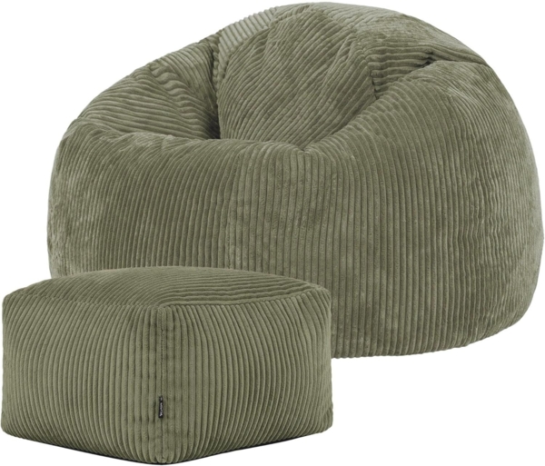 Icon Kingston Sitzsack mit Hocker Cord, Salbeigrün, Sitzsack Erwachsene mit Füllung, Bean Bag, Cord Sessel, Lounge Sessel, Lounge Stuhl, Schlafzimmer, Wohnzimmer, Wohnzimmer Möbel