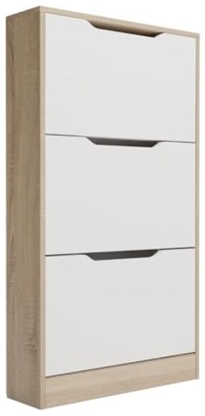 amuéblate online Schuhschrank mit 3 Türen, schmaler Schuhschrank, Modell Nico, Finish in Kambria und Weiß, Maße: 107 cm (Höhe) x 60 cm (Breite) x 17,3 cm (Tiefe)