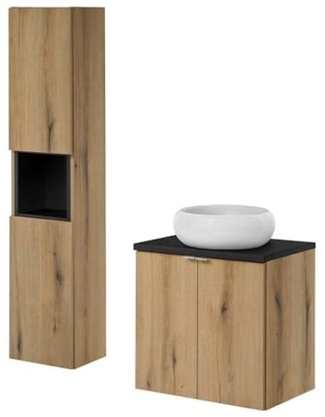 Waschtisch 60cm Skelbolu mit Hochschrank Eicheoptik/Schwarz [en. casa]
