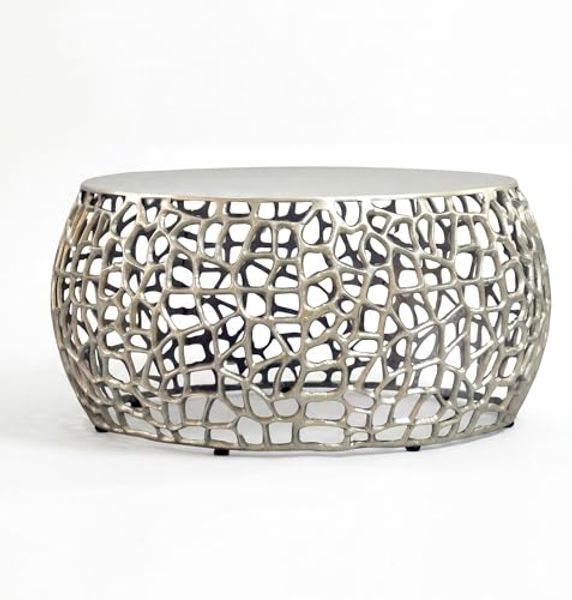 FINEBUY Couchtisch FB116656 Metall Silber Sofatisch Ø 66 cm Tisch Wohnzimmertisch Rund (60 cm Silber, Beistelltisch Metall Modern Rund), Metalltisch mit Ast-Struktur, Tisch Modern