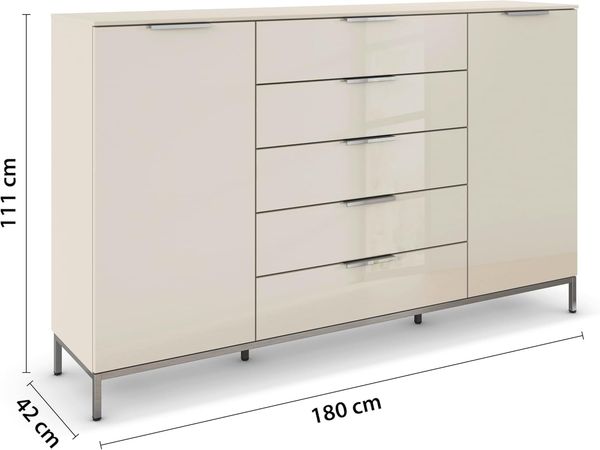 rauch Schubkastenkommode Kommode Türkommode Sideboard Kombikommode FLIPP mit Glasfront (Breite 160/180 cm mit 4 Einlegeböden), 2-trg mit 5 Schubladen und Soft-Close-Funktion, Glasfront, 2 Breiten Bild 3