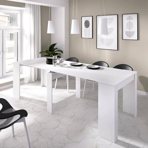 Dmora - Ausziehbarer-Tisch Cognolo, Mehrzweck-Esstisch, Mehrpositions-Ausziehkonsole mit verlängerungshalter inklusive, 54/239 x 90 x 77 cm, Weiß