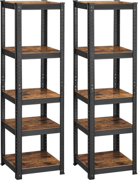 Songmics Schwerlastregal, 2er Set, Bücherregal, Lagerregal, Standregal, 5 Ablagen, 150 x 37 x 37 cm, bis 400 kg belastbar, verstellbare Ablagen, Industrie-Design, vintagebraun-schwarz