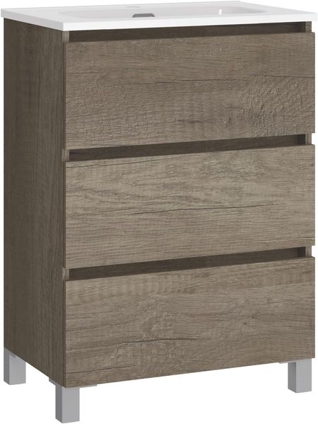 Baikal Badmöbel-Set LESI bestehend aus Möbel mit Füßen und Keramikwaschbecken, DREI Schubladen, Melamin 16 mm, montiertes Möbelstück, Tiefe 39 cm, 60 cm Nebraska