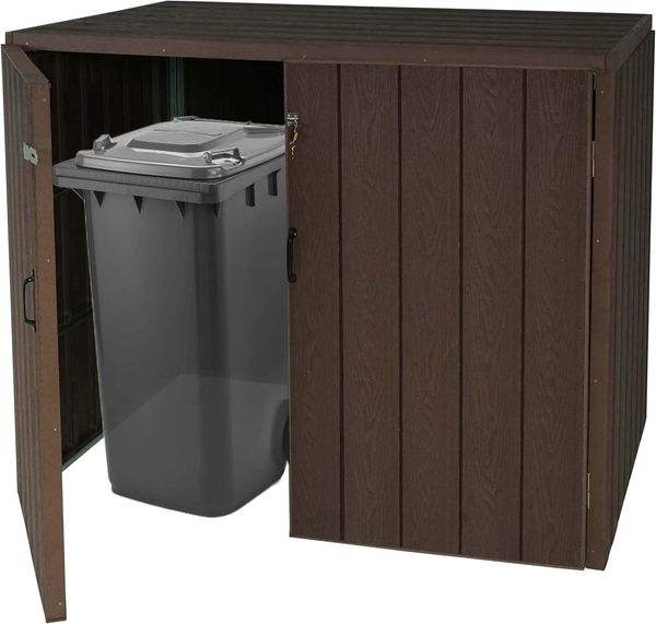 2er WPC-Mülltonnenverkleidung HWC-J28, Premium Mülltonnenbox, Metall Holzoptik, erweiterbar ~ braun