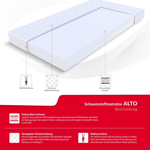 FDM 'Alto' Kaltschaummatratze mit waschbaren Bezug und allergikergeeignet, Höhe 12 cm, 180x200 cm H3 Bild 4