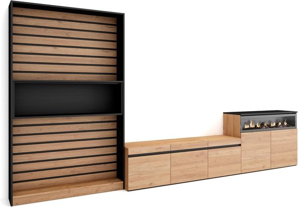 Skraut Home | Wohnwand Wohnzimmer | Wohnzimmermöbel, Möbelset | 360 x 186 x 35 cm | Für TV-Geräte bis zu 65" | Elektrokamin. | Moderner Stil | Eiche Schwarz