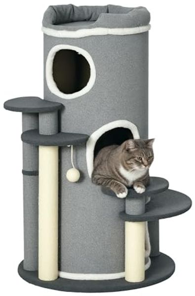 PawHut Kratzbaum Kratztonne Katzenbaum mit Katzenbett, Kletterbaum mit Spielball, Grau, Grau, Ø57 x 99H cm