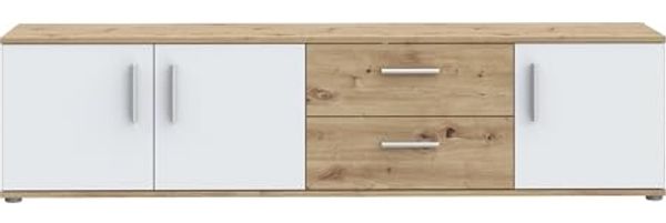 Forte IKOLI TV Schrank 180, modernes Lowboard mit 3 Türen und 2 Schubladen, Wohnzimmer, Holzwerkstoff, Weiß mit Artisan Eiche Holzdekor, 174,3 cm breit x 43,3 cm hoch x 41,3 cm tief