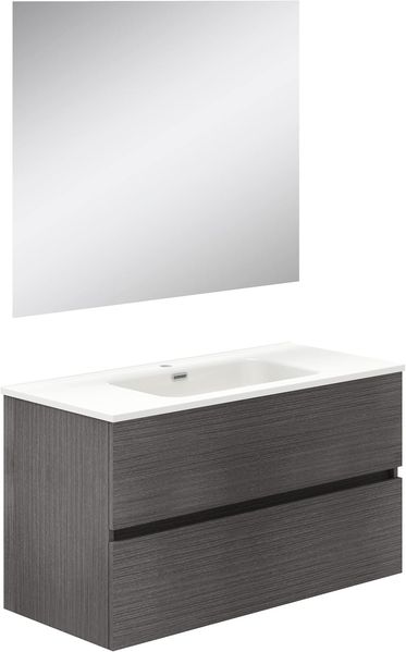 Baikal Badezimmerschrank, Zwei Schubladen, Wandmontage, mit Waschbecken, Melamin 16, montiert, Möbel 90 cm, Asche mit Spiegel Mond