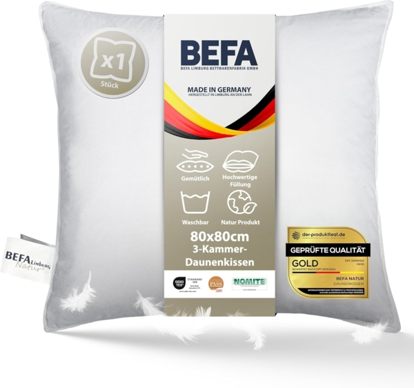 3-Kammer-Kopfkissen "Träum süß" kuschelweiches Premium Daunen- & Feder-Kissen 80x80 cm, BEFA NATUR, Füllung: Außen: 90% Daunen, 10% Federn - Innen: 100% Federn, Seitenschläfer, Rückenschläfer, Bauchschläfer, Spar-Set, Made in Germany - ...