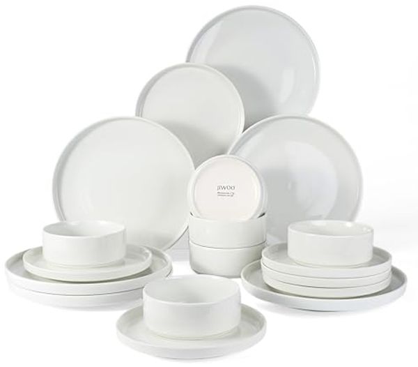JIWOO Geschirr-Set 18er Tafelservice TellerSet Kombiservice Schüssel Speiseteller Set (18-tlg), 6 Personen, Keramik, Hochwertiges Keramik Geschirr Set Weiß Mikrowellen spülmaschinenfest