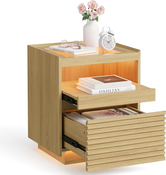Vasagle Nachttisch mit LED-Beleuchtung und Schublade, Holz natur, 55 x 40 x 45 cm