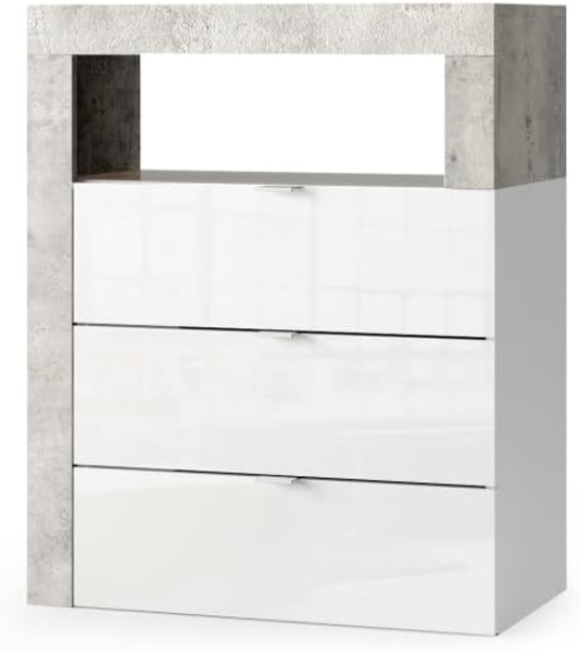 Robas Lund Badkommode Hamburg, Badezimmer, Weiß Hochglanz/Betonoptik, Holzwerkstoff Melaminbeschichtet, 64 x 78 x 35 cm, 3 Schubladen, Modern