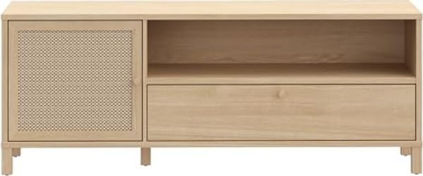 Forte SKELBIT TV-Schrank 160, Lowboard im Boho-Stil, 1-türig, 1 Schublade, offenes Fach, Wohnzimmer, Holzwerkstoff, Elegancia Eiche Holzdekor|Technorattan, 156,3 cm breit x 60,1 cm hoch x 42 cm tief