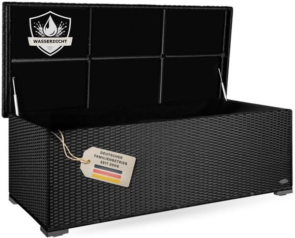 RS Trade 'Sienna' XL Kissenbox mit Doppel-Hubautomatik und Innenverkleidung, ca. 650 Liter, Polyrattan schwarz, 60 x 73 x 155 cm