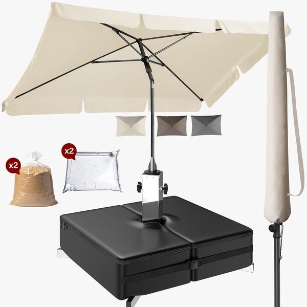 4smile Sonnenschutz Balkon Set 3-teilig, Beige - Sonnenschirm rechteckig 200x125 cm + Sonnenschirmständer + Schirmhülle - Sonnenschirm Balkon mit Ständer, Balkonschirm knickbar höhenverstellbar