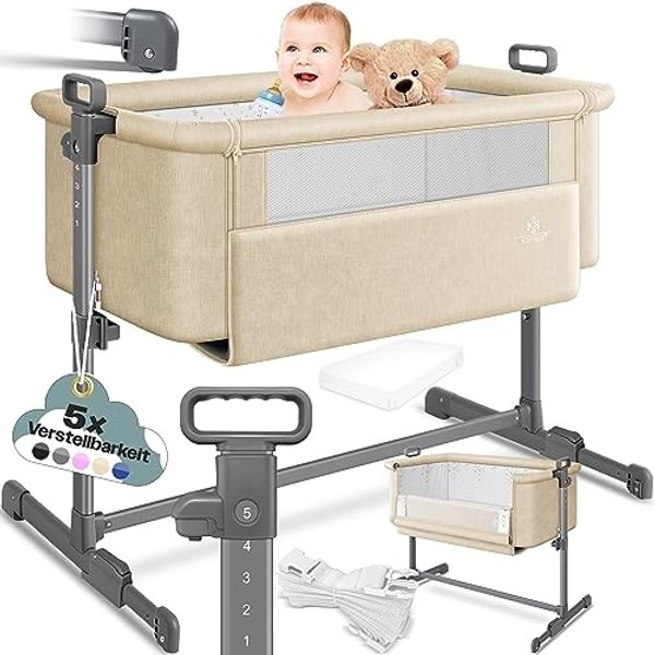 KESSER® Zustellbett Hubi 3in1 Baby Beistellbett Reisebett Babybett mit weich Matratze, mit Rollen Kinderbett, 5-fach Höhenverstellung, Faltbare Seitenwand für zu Hause und unterwegs Beige