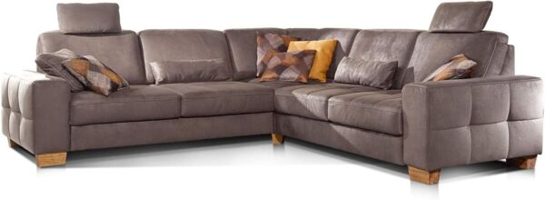Cavadore Ecksofa Puccino mit Federkern, verstellbarer Rückenlehne und 2 Kopfstützen / Sofa gleichschenklig in L-Form im Landhaus-Design / 276 x 86 x 271 cm / Mikrofaser hellbraun