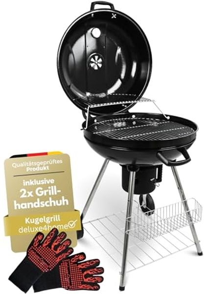 deluxe4home BBQ Kugelgrill mit Ablage, Schwarz, Ø 53,5 cm