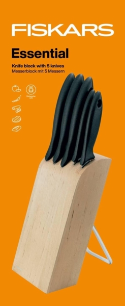 Fiskars Essential Messerblock mit 5 Messern, Messer Block, Gemüsemesser, Tomatenmesser, Kochmesser, Edelstahl, 38 cm, 1023782